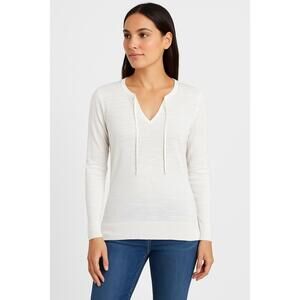 Ann Taylor LOFT White Drawstring VNeck Ribbed Hem Long Sleeve Pullover Top Small